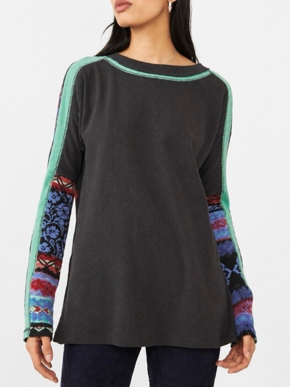 Free People Small Oversized On My Way Grey Cuff Thermal Top Blue Green Womens